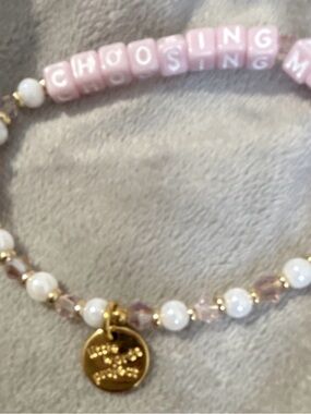Beaded Pink Charm Bracelet - Gold Disc Pendant